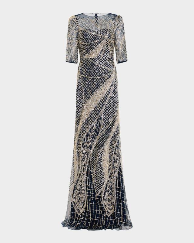 Art Deco Bead & Sequin Tulle Gown
